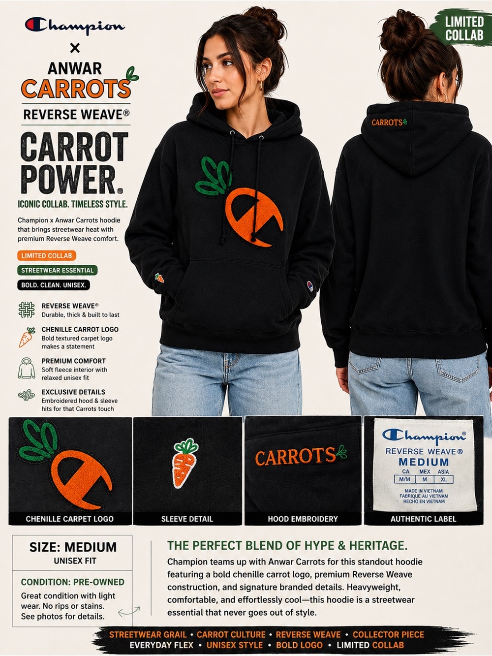 Champion x Anwar Carrots Reverse Weave Chenille Logo Hoodie Black Medium